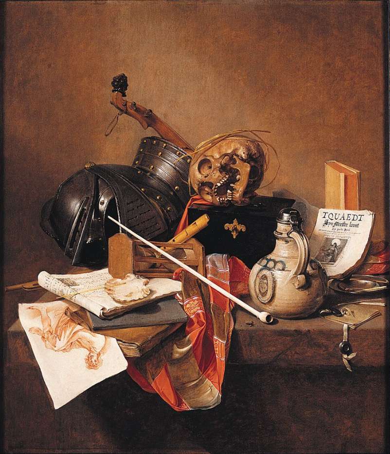 London National Gallery Next 20 13 Jan Jansz Treck - Vanitas Still Life Jan Jansz Treck - Vanitas Still Life, 1648, 91 x 78 cm. In this apparently quiet still life, each object contains a secret message about death and how quickly life goes by. The skull is an obvious symbol of death. The helmet is a reminder that armour cannot protect even the greatest warrior from death. The hour-glass measures how time passes. The pipe and the plug of tobacco suggest that life is like smoke, here for a while and then gone forever. The shell and straw, used for blowing soap bubbles, suggest that life is fragile like a bubble. The book of music and the instruments suggest that life is like a melody, heard for a while and then silent.